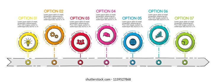 Colourful business infograph with hand drawn icons - company timeline. Vector.