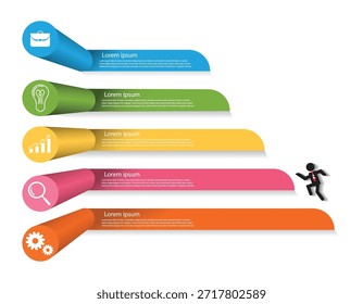 Colourful Business Process Infographic Template with Icons, Five Step Timeline and Workflow Diagram. Five step horizontal business infographic.

