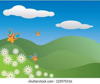 Colourful Butterflies and Daisies in a hill side meadow
