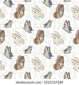 Colourful butterflies and leaves.Vector seamless pattern with colorful butterflies and green leaves on a white background.