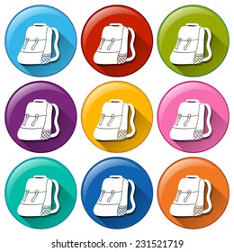 Colourful buttons with camping bags on a white background 