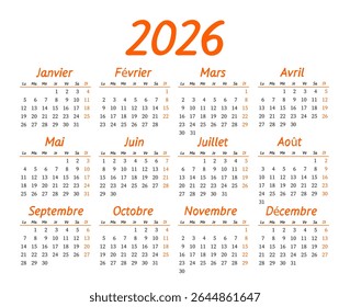 Colourful calendar for 2026 in French