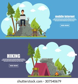 Colourful camping flat banner set for your business, web sites etc. Quality design illustrations, elements and concept. vector illustration.