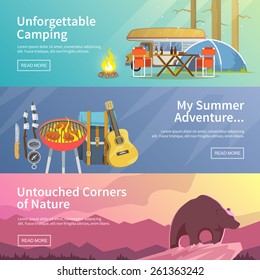 Colourful camping vector flat banner set for your business, web sites etc. Quality design illustrations, elements and concept. Unforgettable camping. Summer adventure. Untouched corners of nature.