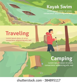 Colourful camping vector flat banner set for your business, web sites etc. Baner kayaking. Kamping and fishing.Travel in mountings. hiker illustration