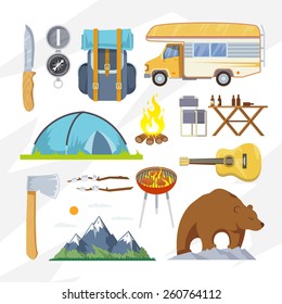 Colourful camping vector icon set for your business, web sites, presentations, advertising etc. Quality design illustrations, elements and concept. Flat style.