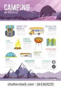 Colourful camping vector infographic. The concept of infographic for your business, web sites, presentations, advertising etc. Quality design illustrations, elements and concept. Flat style.