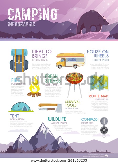 Colourful camping vector infographic. The concept\
of infographic for your business, web sites, presentations,\
advertising etc. Quality design illustrations, elements and\
concept. Flat style.