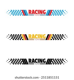 Colourful car and moto sports decals. Horizontal checkeres halftone designs for racing tournaments and competitions. Sample bold speed text words with linear patterns