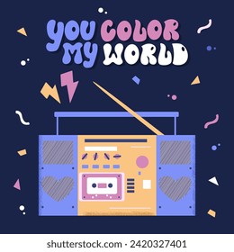 Colourful card with retro record player. You color my world. Hand drawn vector valentine design.