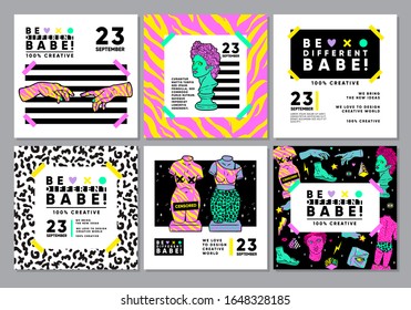 Colourful cards with acid ancient sculpture. Set of vector banners.