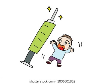 colourful cartoon of a boy scared of a large green syringe, isolated on white background