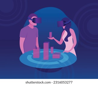 Colourful cartoon couple in VR headsets. People experiencing virtual reality simulation. Entertainment and visual experience. Vector flat style illustration