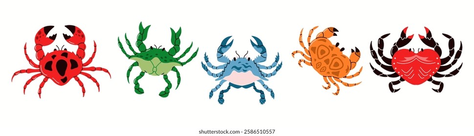 Colourful cartoon crabs flat color vector icons set. Vibrant seafood scene features different crabs with big claws pack on white background