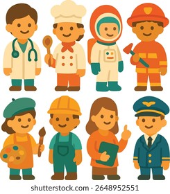 A colourful cartoon icon set featuring children dressed in various professional roles including doctor, chef, astronaut, firefighter, artist, engineer, teacher, and pilot.