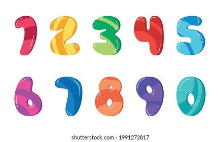 Colourful cartoon numbers 1-10 for kids, birthday card template. Vector illustration set isolated on white background. Numbers 1, 2, 3, 4, 5, 6, 7, 8, 9, 0.