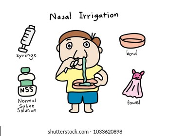 colourful cartoon picture of a boy doing nasal irrigation with syringe and normal saline solution, with other tools demonstrated those bowl and towel