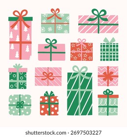 Colourful cartoon present with bow set. Christmas elements. Vector illustration