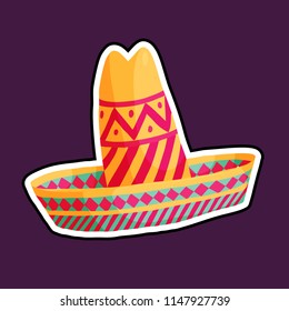 Colourful cartoon sombrero. Traditional mexican hat vector icon. Sticker for print.