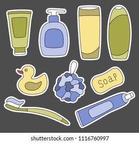 Colourful cartoon stickers bath room accessories set on grey background. Vector illustration of bathroom items. Personal care.