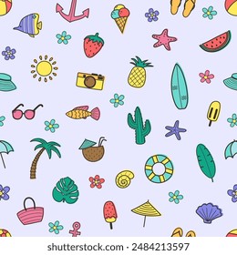 Colourful cartoon summer pattern. Background with hand drawn holiday icons. Vector illustration