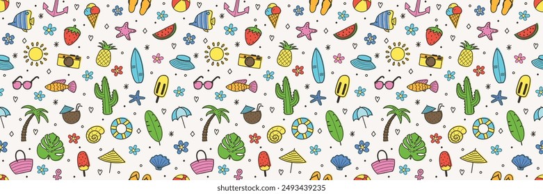 Colourful cartoon summer pattern. Background with hand drawn holiday icons. Vector illustration