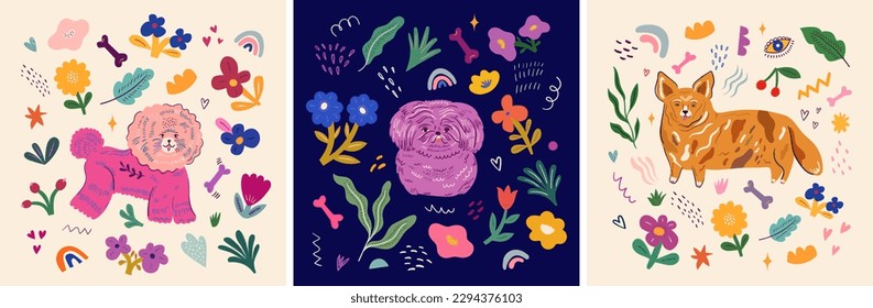 Colourful cartoon vector collection with cute dogs, flowers, leaves and abstract forms. Children's set of different dog breeds and decorative elements.	