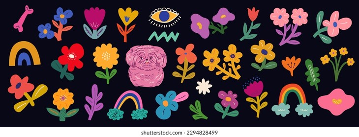 Colorida colección vectorial de dibujos animados con perros adorables, flores y ramos