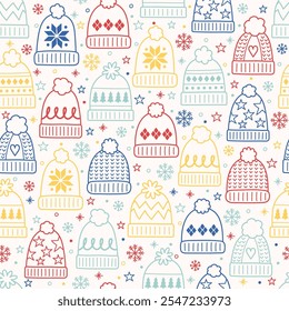 Colourful cartoon winter hat background. Christmas seamless pattern. Vector illustration