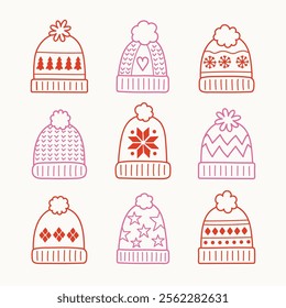 Colourful cartoon winter hat set. Christmas elements. Vector illustration
