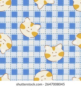 Colourful cat and lines seamless pattern. Cute cartoon pet cat vector on checked for fabric, scarves, cards, scrapbooks, wrapping paper, and textiles.