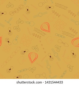 Colourful chains, bracelets and pendants seamless pattern on yellow background. Jewellery illustration for greeting cards, invitations, jewellery store advertisements. Vector