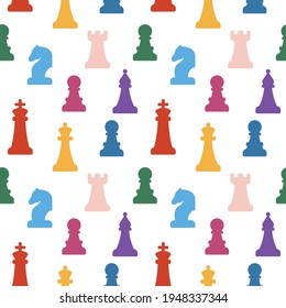 Colourful chess seamless pattern. Flat vivid chess figures - king, queen, bishop, knight, rook, pawn - on white background. Strategy, war, boards game, mind sport, competition concepts. 