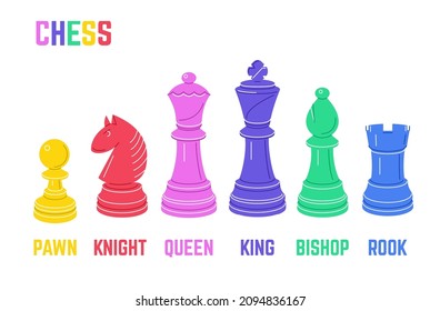 Colourful chessmen set. The king, qwueen, rook, bishop and pawn. Vector illustration. svg