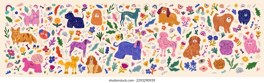 Colorida colección infantil de vectores de dibujos animados con perros lindos, flores y hojas sobre un fondo claro. El conjunto infantil de diferentes razas de perros y elementos decorativos.