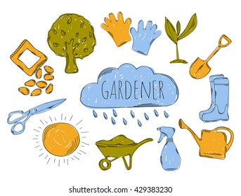 Colourful children's illustration with a pencil. The collection of linear hand drawn icons. Icons the tools of the gardener. Vector illustration