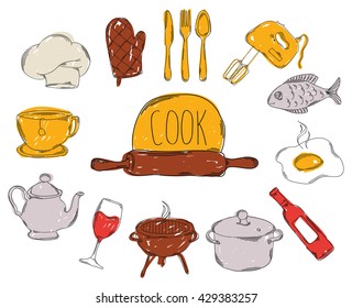 Colourful children's illustration with a pencil. The collection of linear hand drawn icons. Icons tools the chefs. Vector illustration