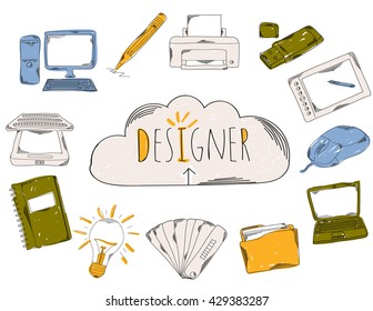 Colourful children's illustration with a pencil. The collection of linear hand drawn icons. Icons tools designer developer. Vector illustration