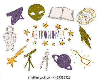 Colourful children's illustration with a pencil. The collection of linear hand drawn icons. Icons tools of the astronomer. Vector illustration