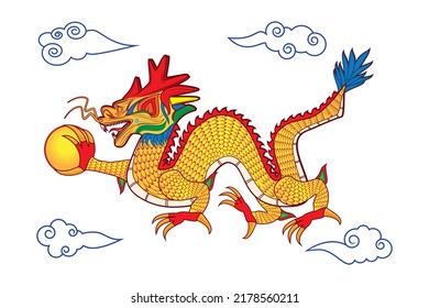 colourful Chinese dragon or loong long or lung holding or caught golden pearl or ball and Chinese clouds drawing in vector