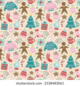 Colourful Christmas background with cartoon ornaments. Seamless texture design. Vector illustration