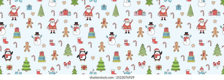 Colourful Christmas background with cute hand drawn characters and ornaments. Seamless pattern design. Vector illustration