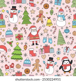 Colourful Christmas background with cute hand drawn characters and ornaments. Seamless pattern design. Vector illustration