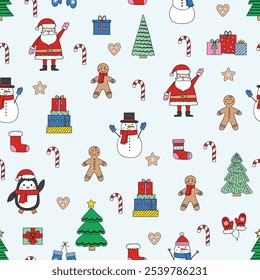 Colourful Christmas background with cute hand drawn characters and ornaments. Seamless pattern design. Vector illustration
