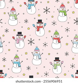 Colourful Christmas background with cute hand drawn snowman and snowflakes. Seamless pattern design. Vector illustration
