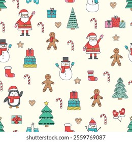 Colourful Christmas background with cute hand drawn characters and ornaments. Seamless pattern design. Vector illustration
