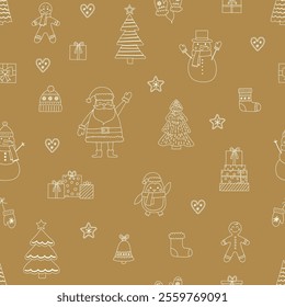 Colourful Christmas background with cute hand drawn characters and ornaments. Seamless pattern design. Vector illustration