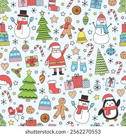 Colourful Christmas background with cute hand drawn characters and ornaments. Seamless pattern design. Vector illustration