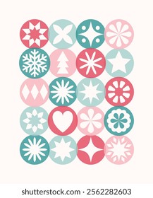 Colourful Christmas background with geometric decorations. Decorated bauble with snowflakes. Vector illustration