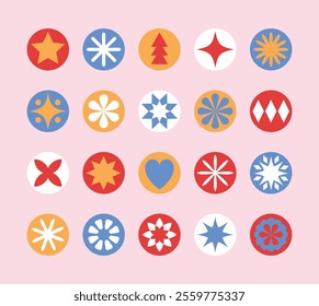 Colourful Christmas ball icon set. Snowflakes and stars. Ornaments. Vector illustration